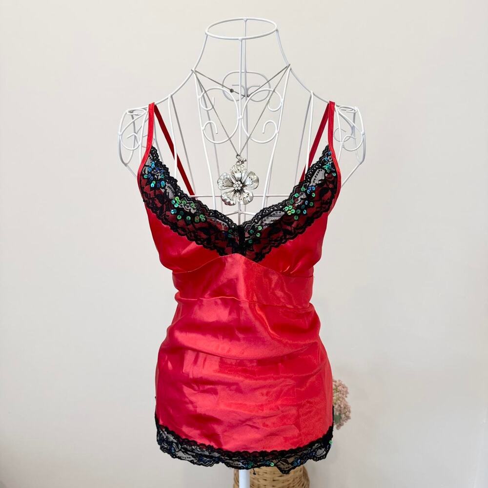 vintage y2k red & black sequin silky babydoll fairy cami tank top
